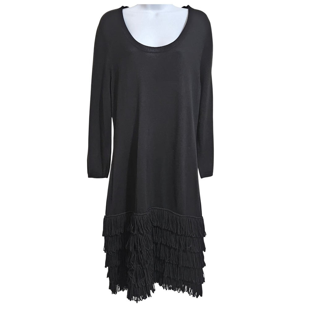 Calvin Klein XL Black Scoop Neck Looped Fringe Sweater Dress Minimalist Chic